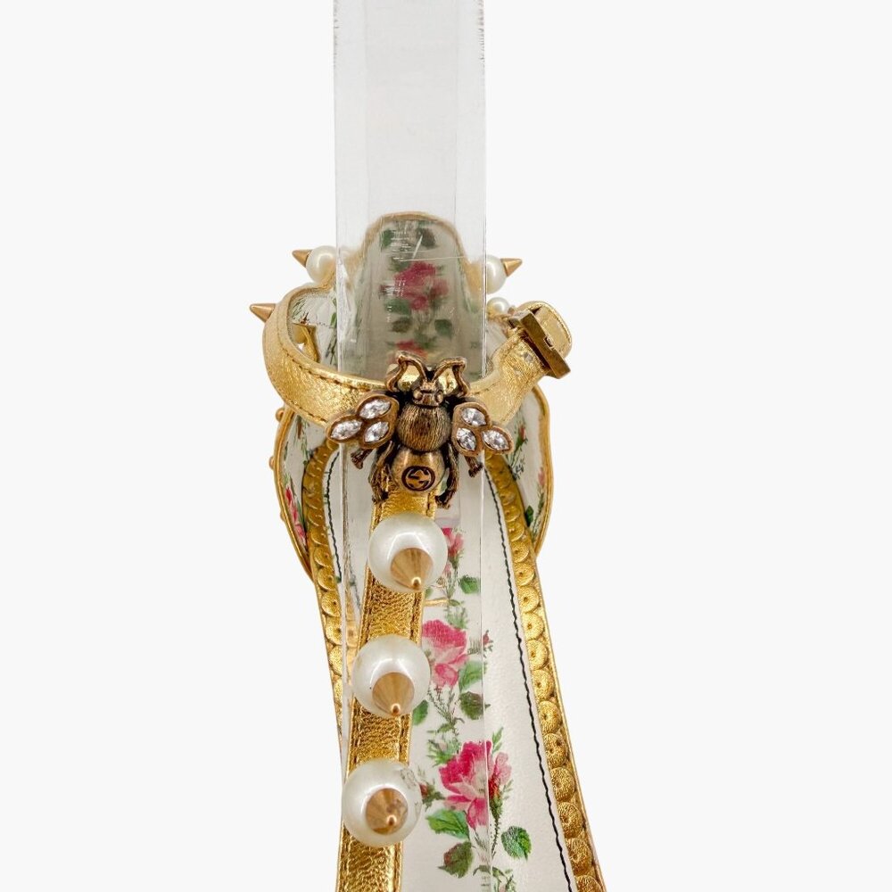 Gucci Regina Metallic Gold Pearl Studded T-Strap Heels Bee GG Size 37.5 US 7.5 - Picture 4 of 15